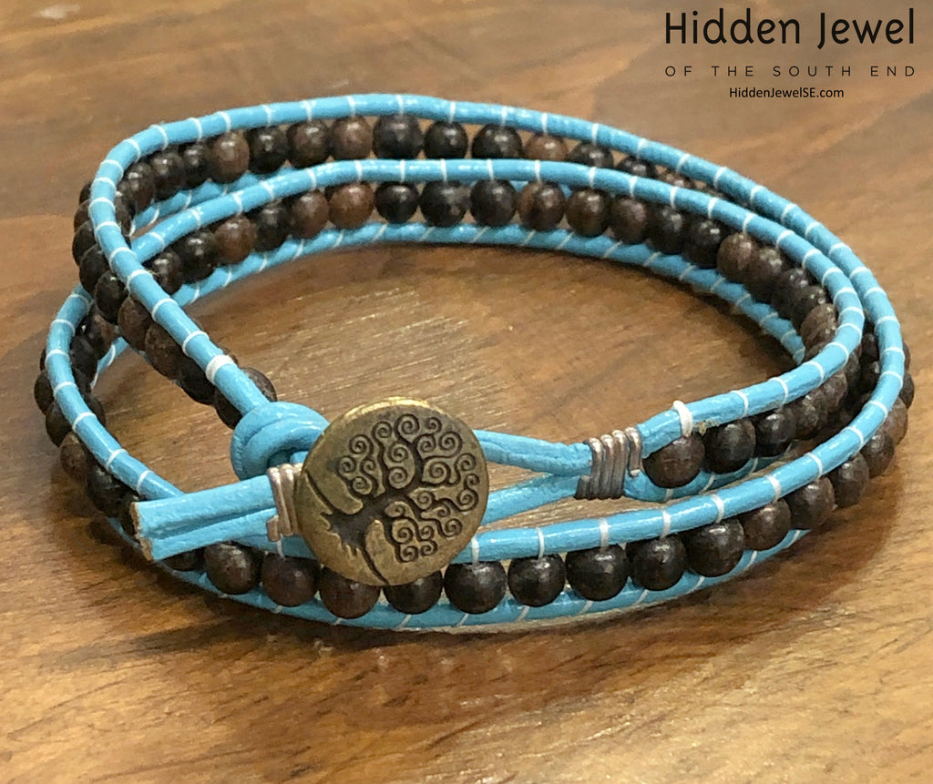 Blue Leather wrap with Ebony wood beads, jewelry