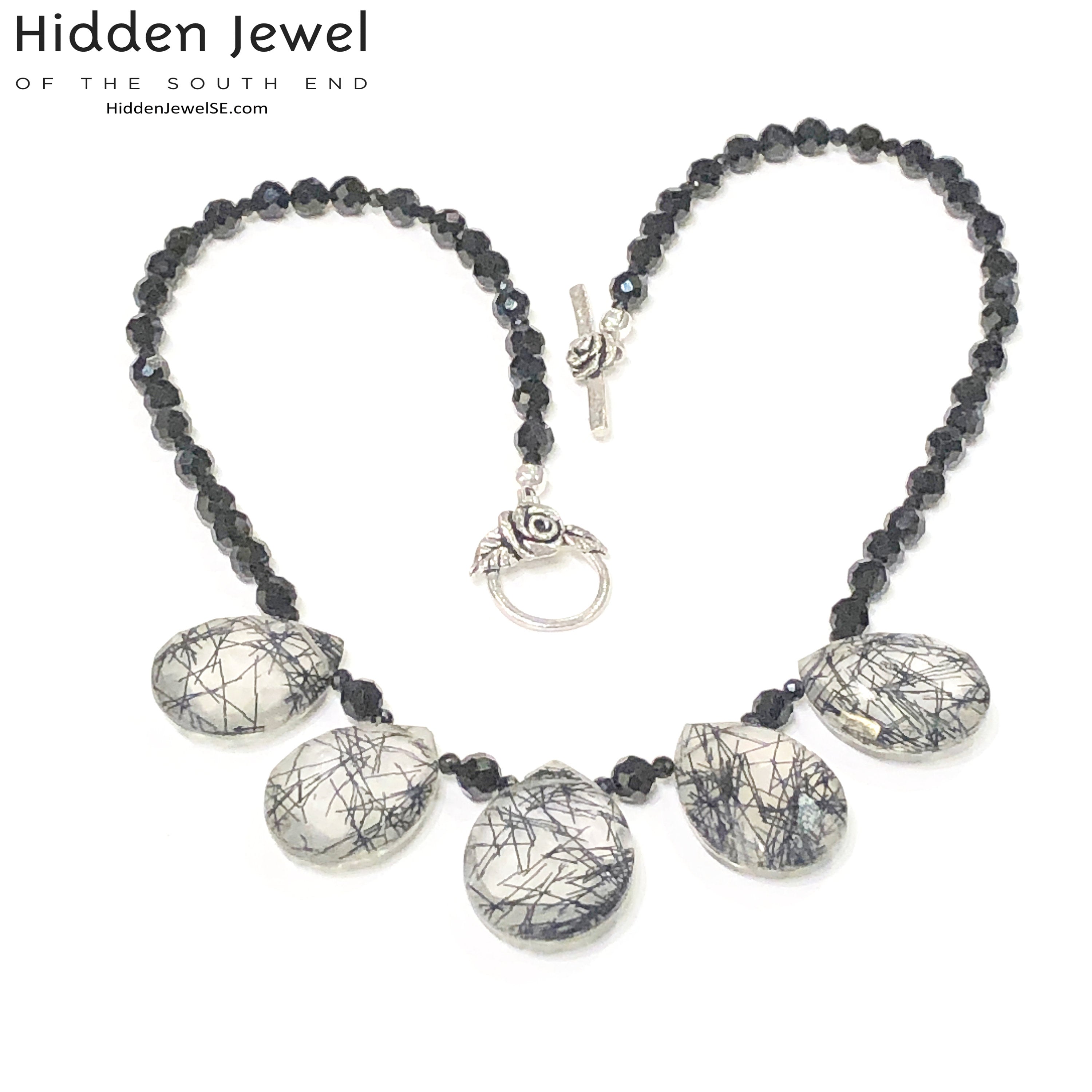 Spinel Gemstone necklace with Rutilated Quartz faceted Drops