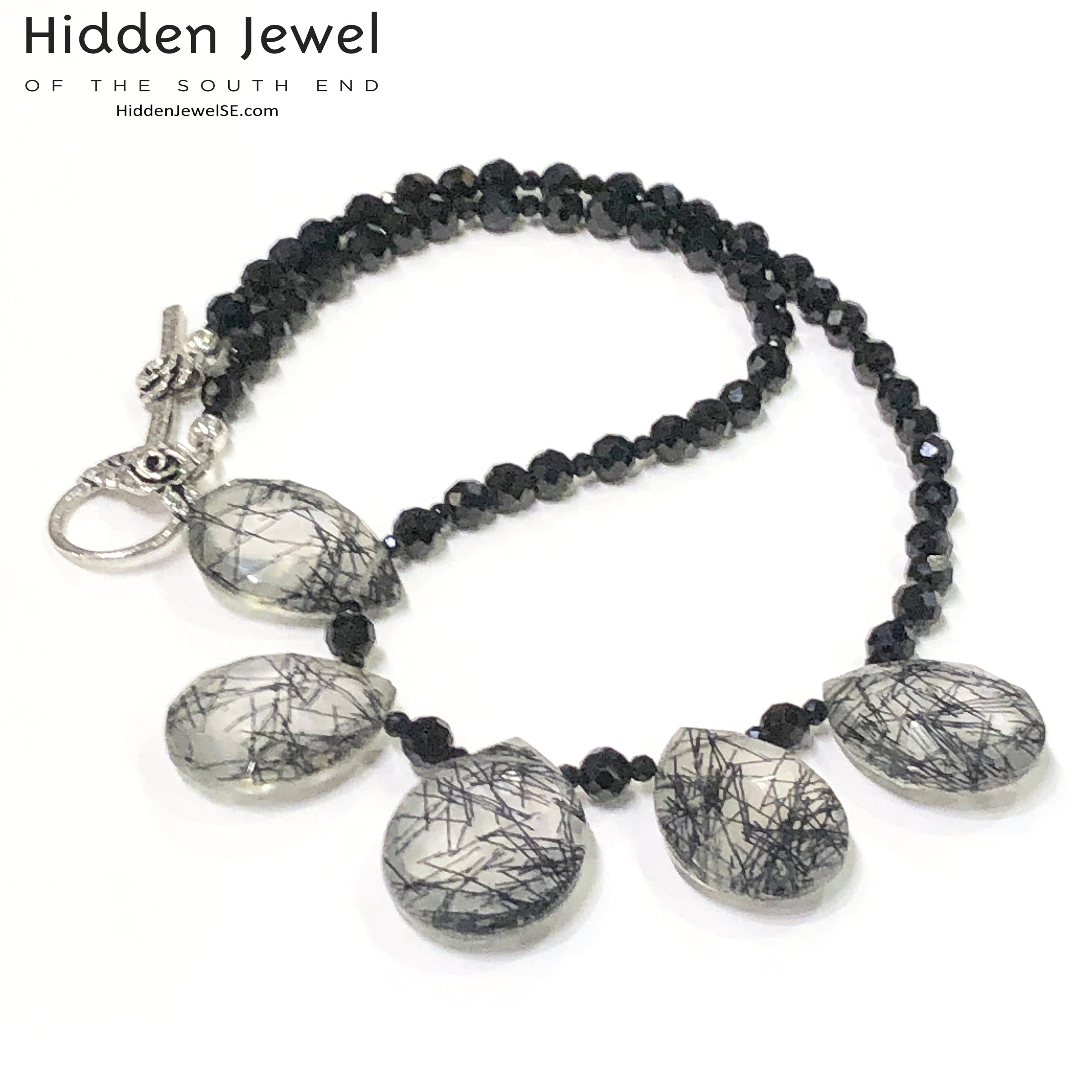 Spinel Gemstone necklace with Rutilated Quartz faceted Drops