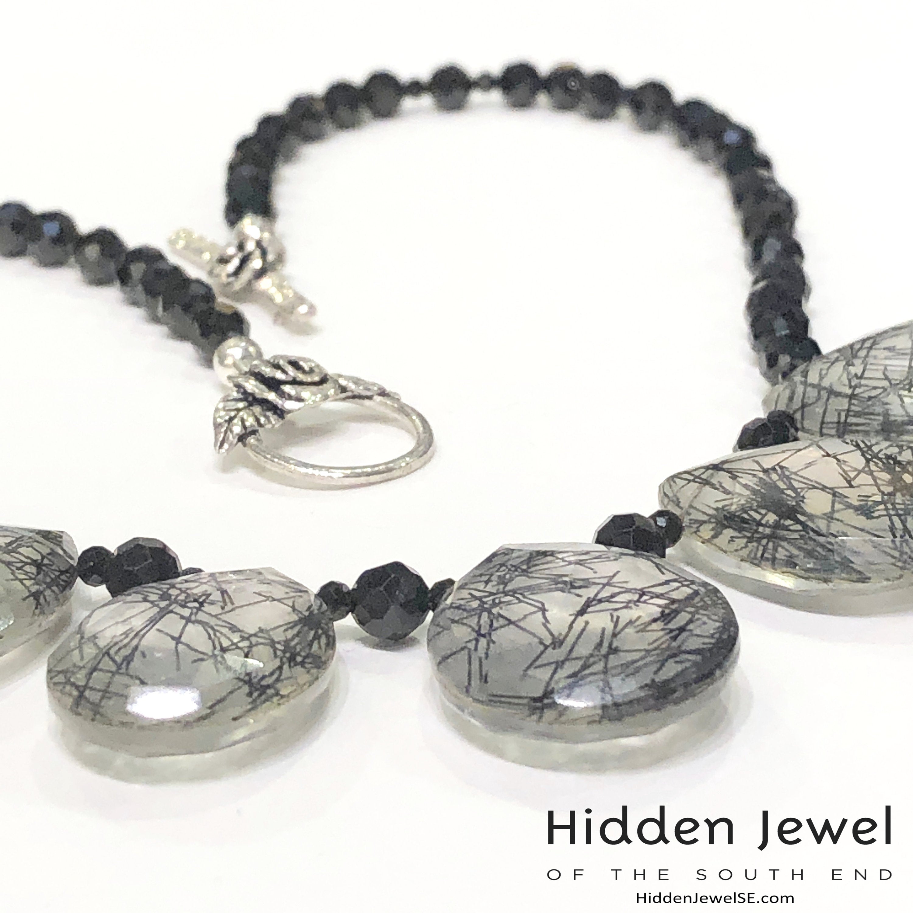 Spinel Gemstone necklace with Rutilated Quartz faceted Drops