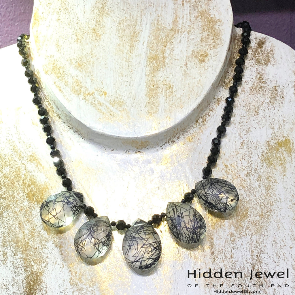 Spinel Gemstone necklace with Rutilated Quartz faceted Drops