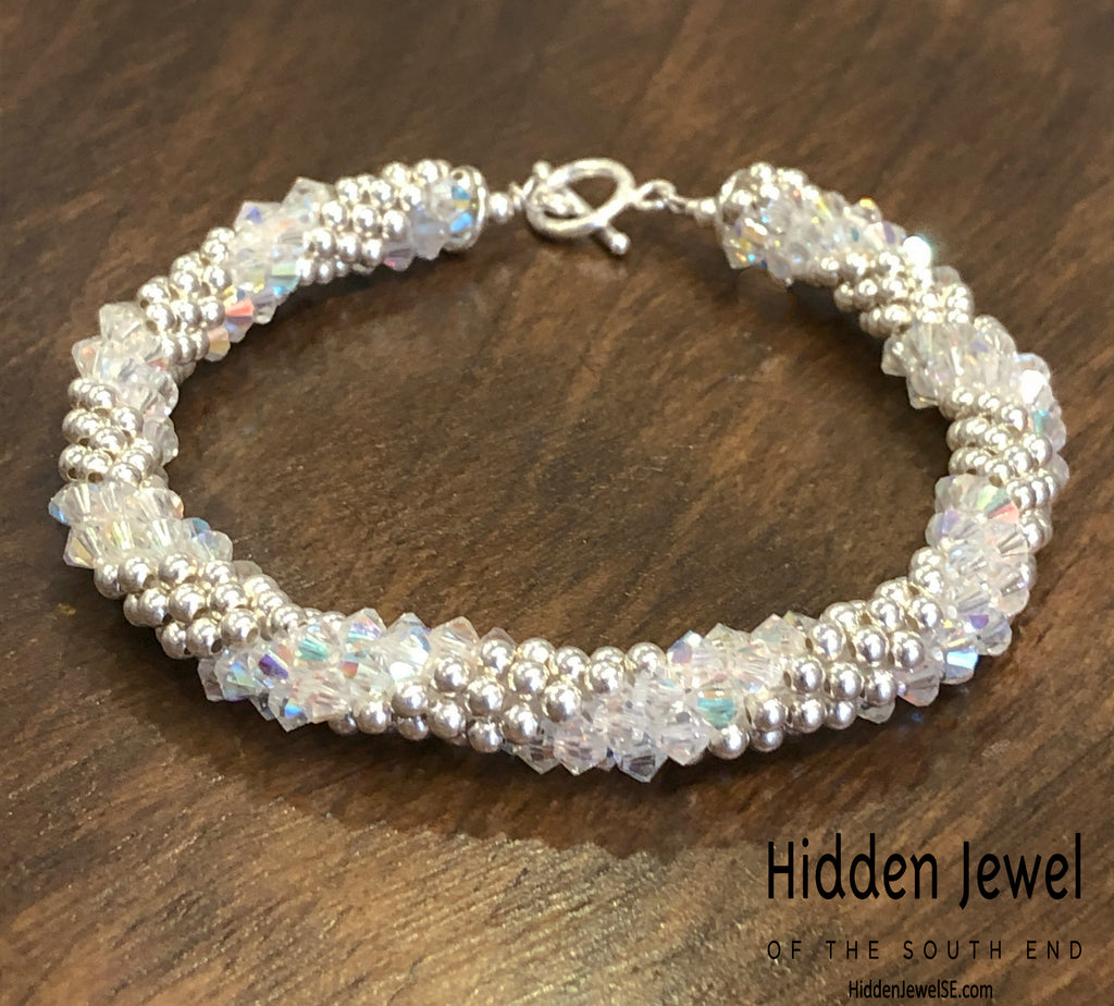 Sterling Silver and Swarovski Crystal crocheted bracelet  sz 8