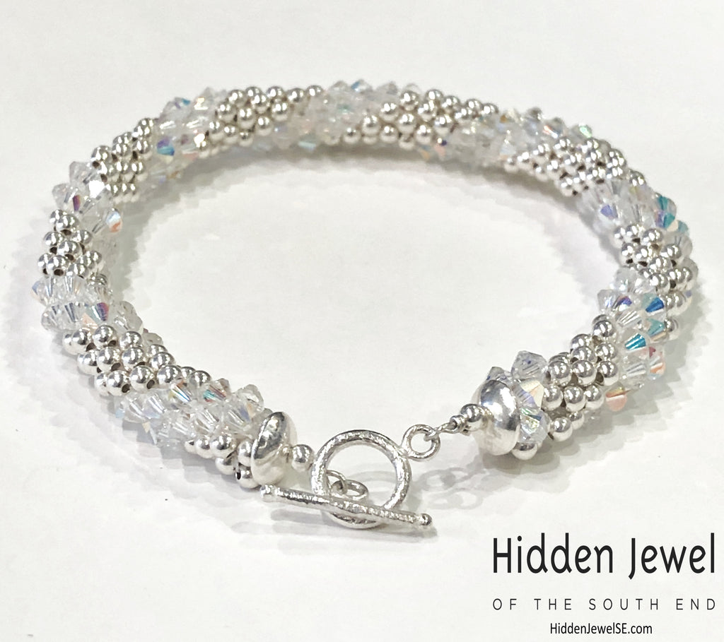 Sterling Silver and Swarovski Crystal crocheted bracelet  sz 8