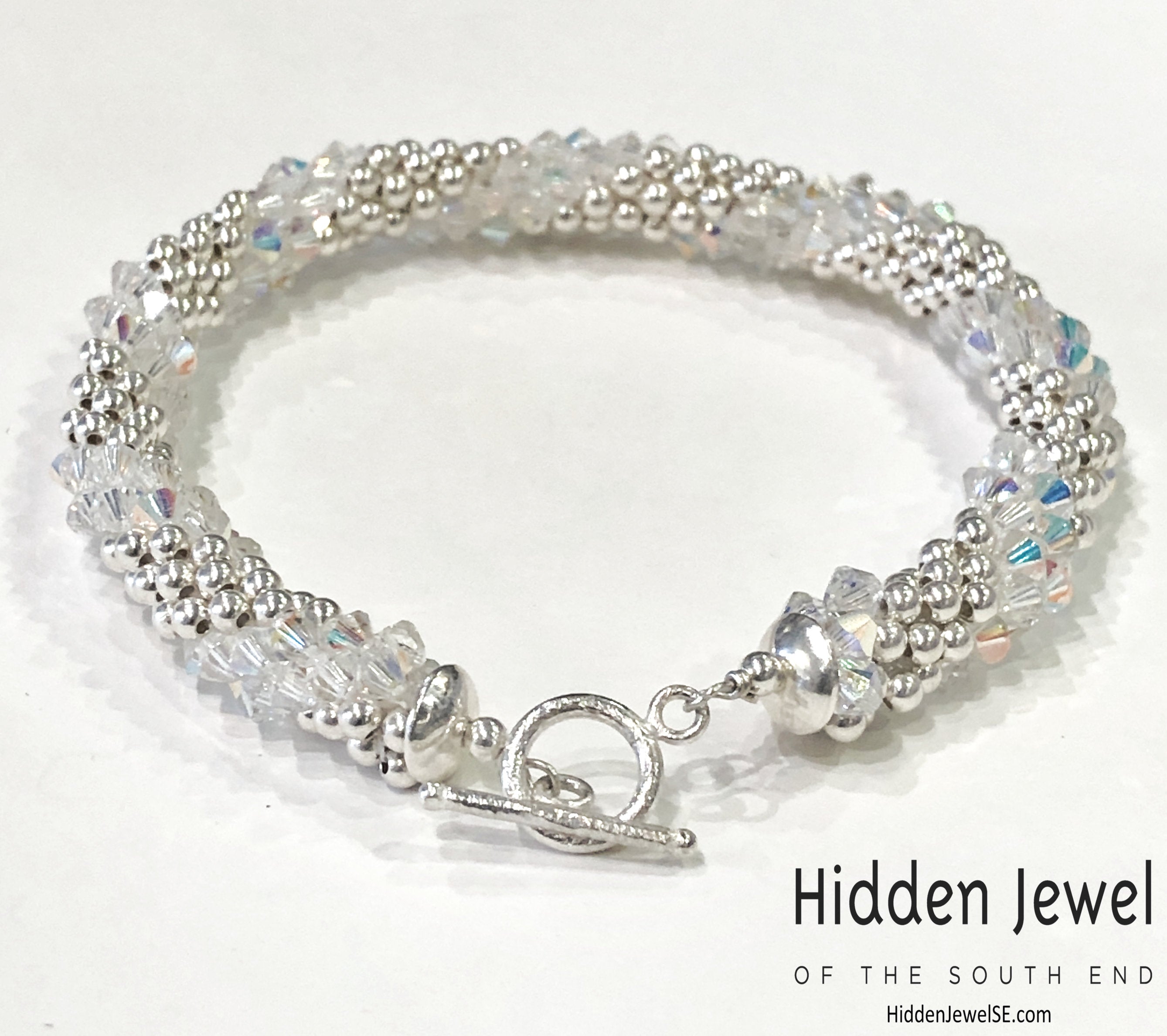 Sterling Silver and Swarovski Crystal crocheted bracelet  sz 8