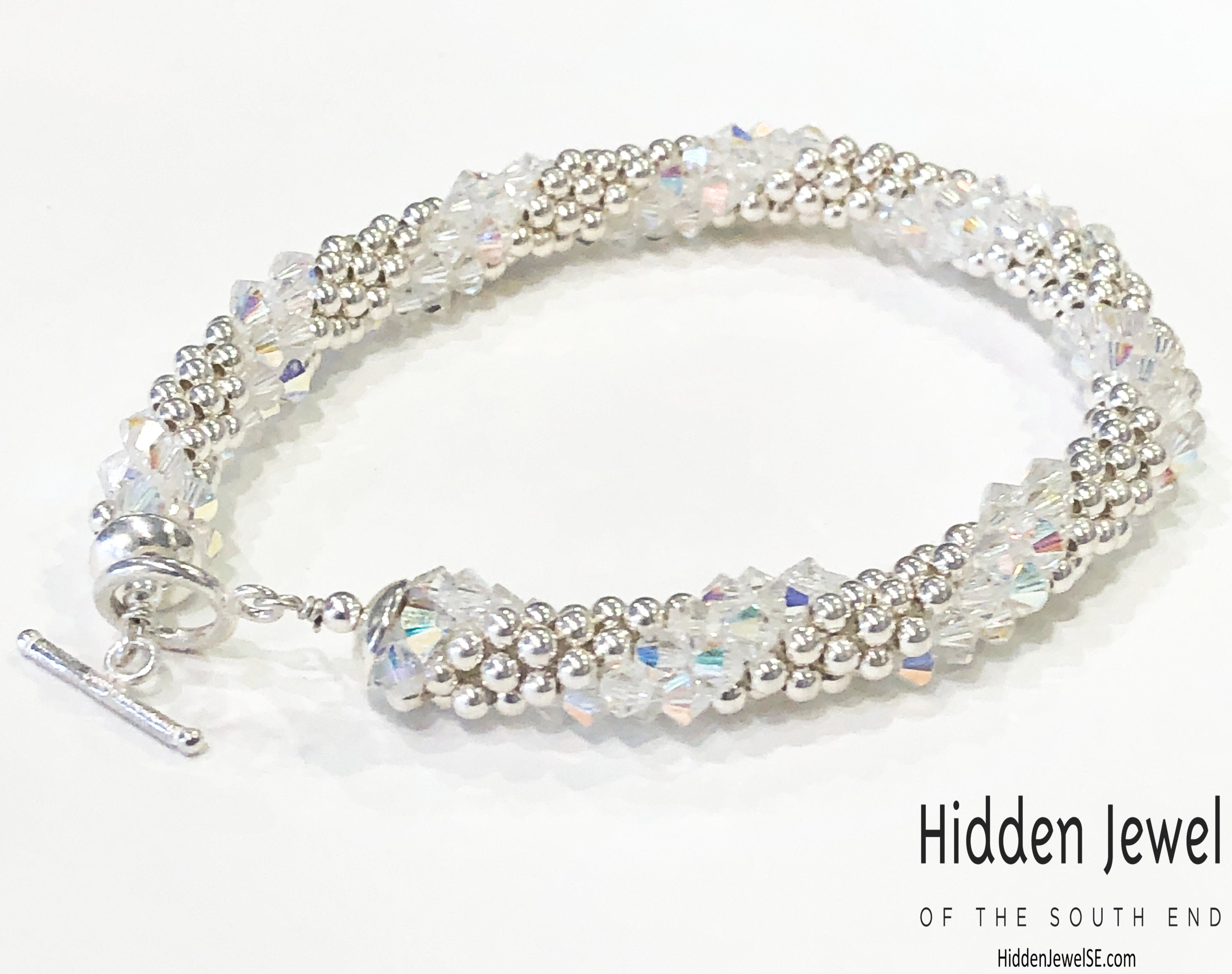 Sterling Silver and Swarovski Crystal crocheted bracelet  sz 8