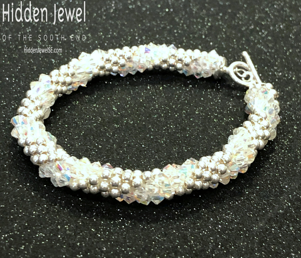 Sterling Silver and Swarovski Crystal crocheted bracelet  sz 8