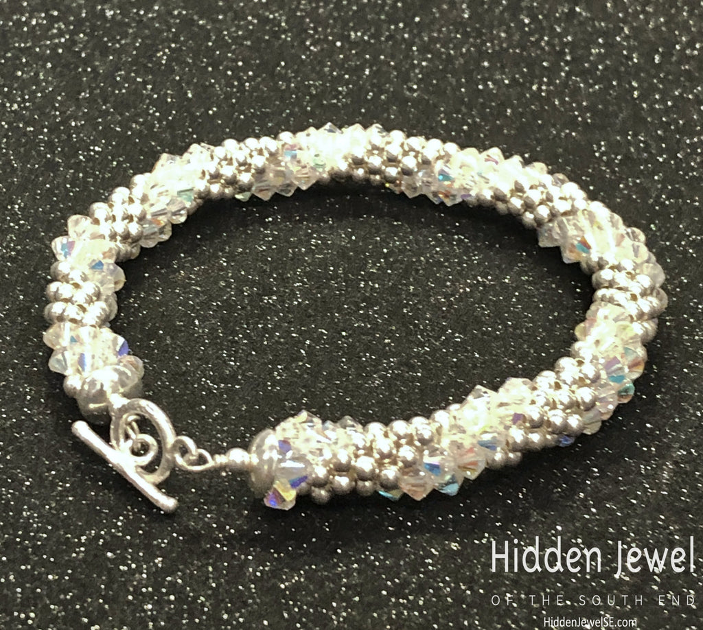 Sterling Silver and Swarovski Crystal crocheted bracelet  sz 8