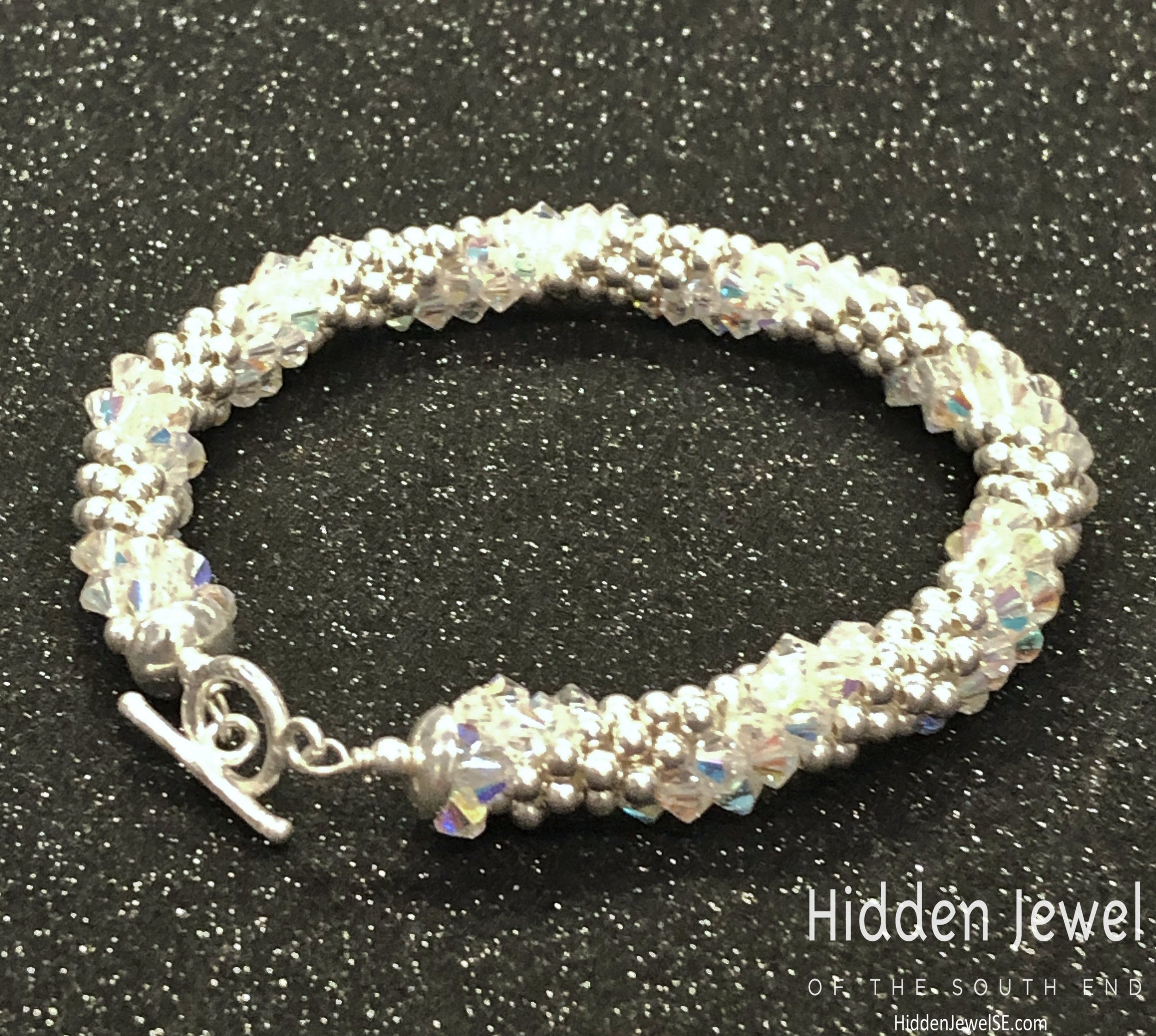 Sterling Silver and Swarovski Crystal crocheted bracelet  sz 8