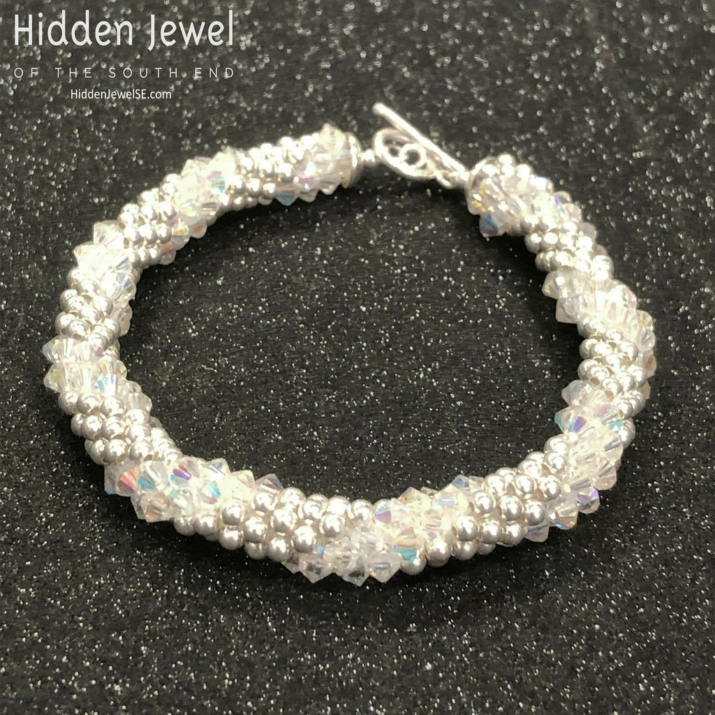 Sterling Silver and Swarovski Crystal crocheted bracelet  sz 8
