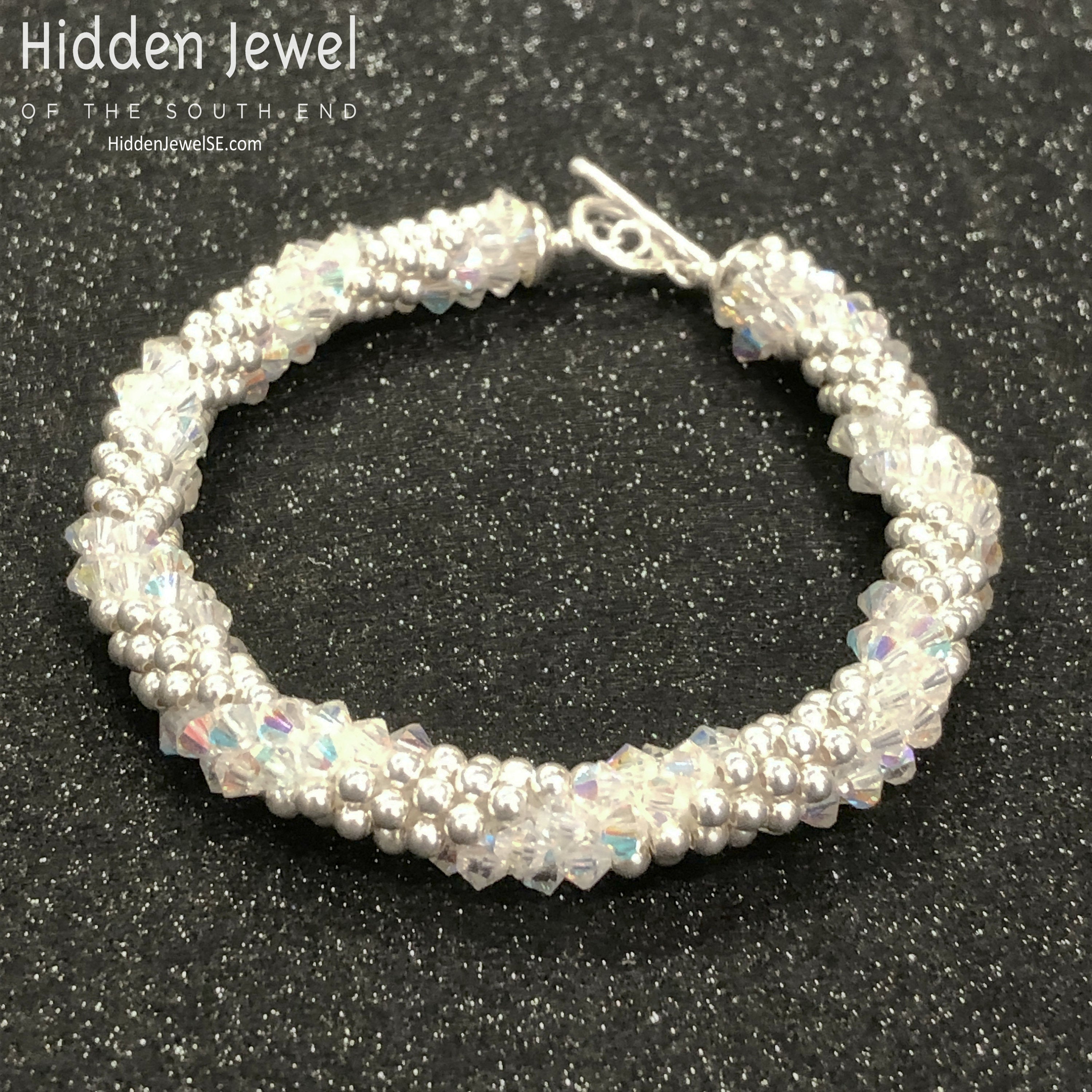 Sterling Silver and Swarovski Crystal crocheted bracelet  sz 8