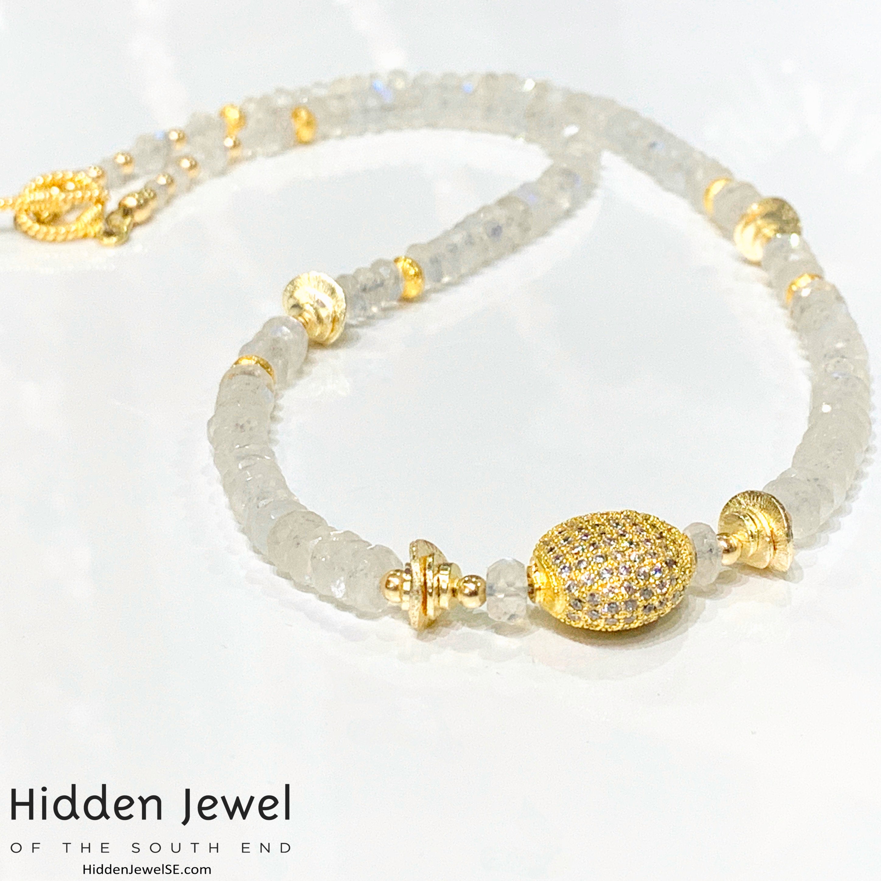 Rainbow Moonstone gemstone necklace, gold paved bead, gold filled beads