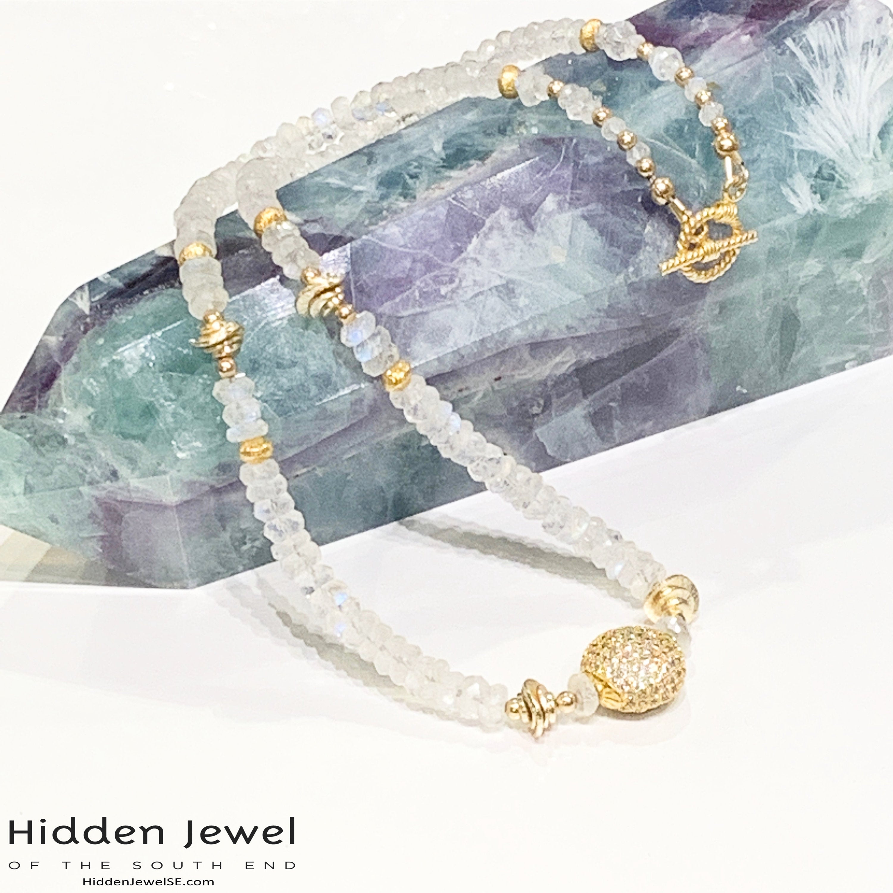 Rainbow Moonstone gemstone necklace, gold paved bead, gold filled beads