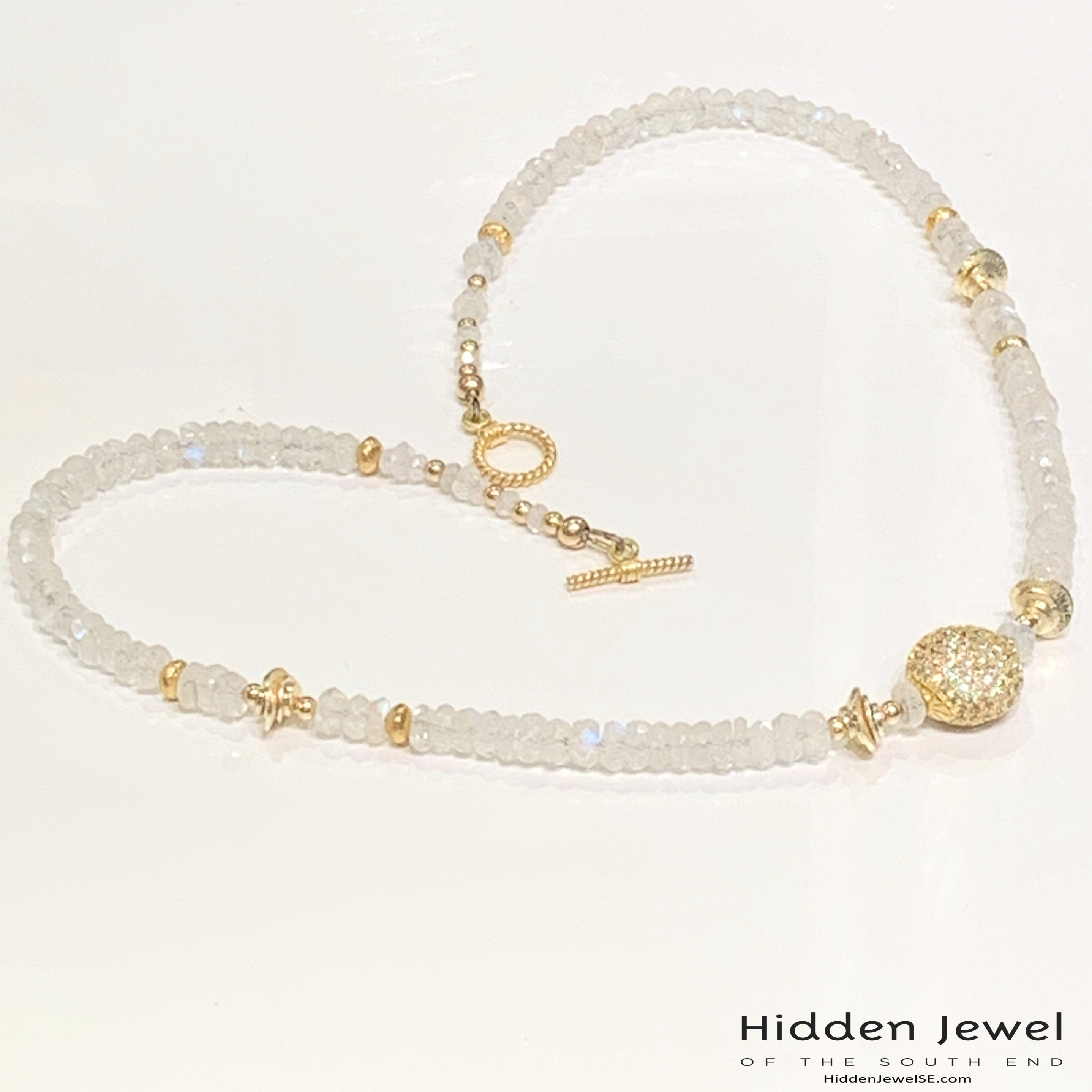Rainbow Moonstone gemstone necklace, gold paved bead, gold filled beads
