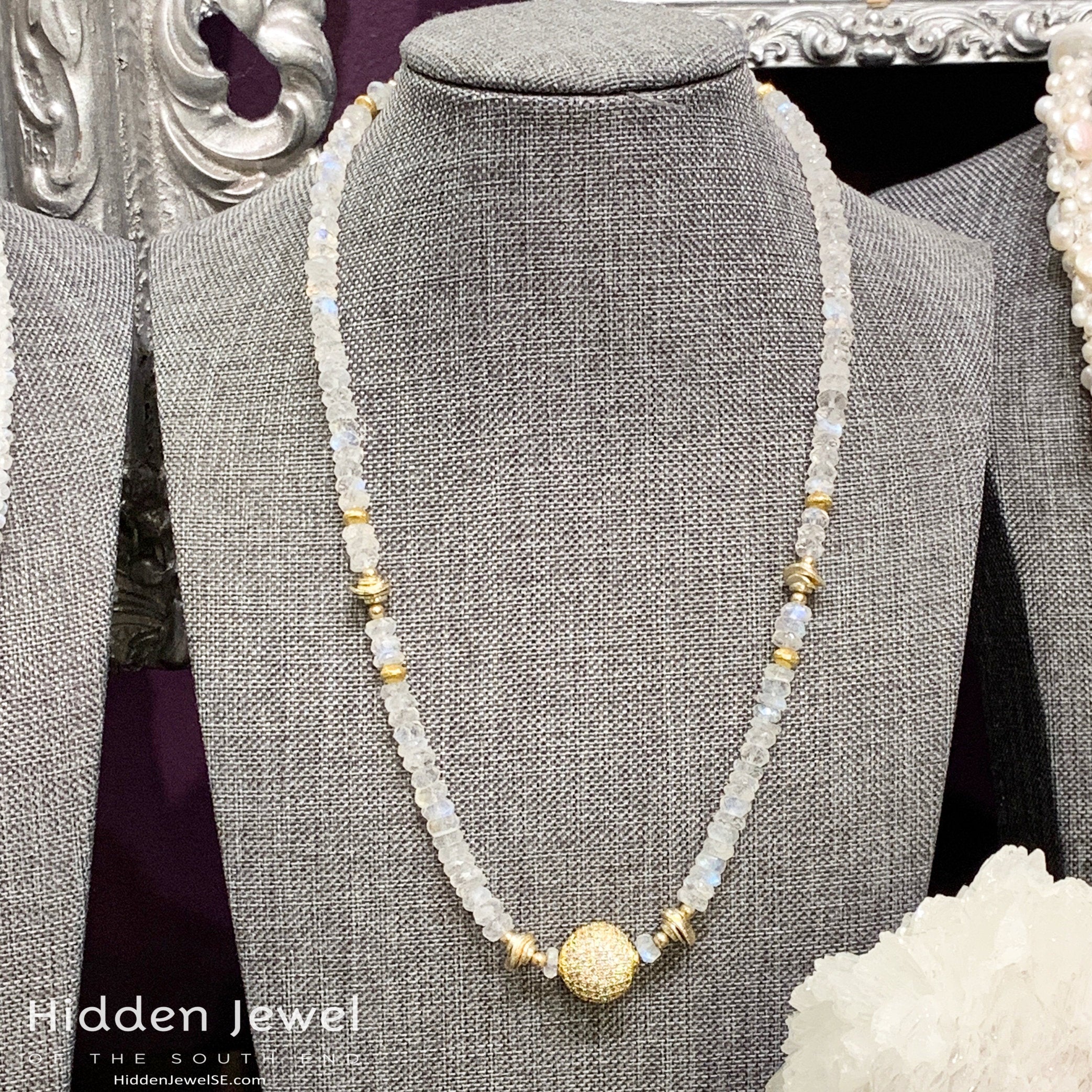 Rainbow Moonstone gemstone necklace, gold paved bead, gold filled beads