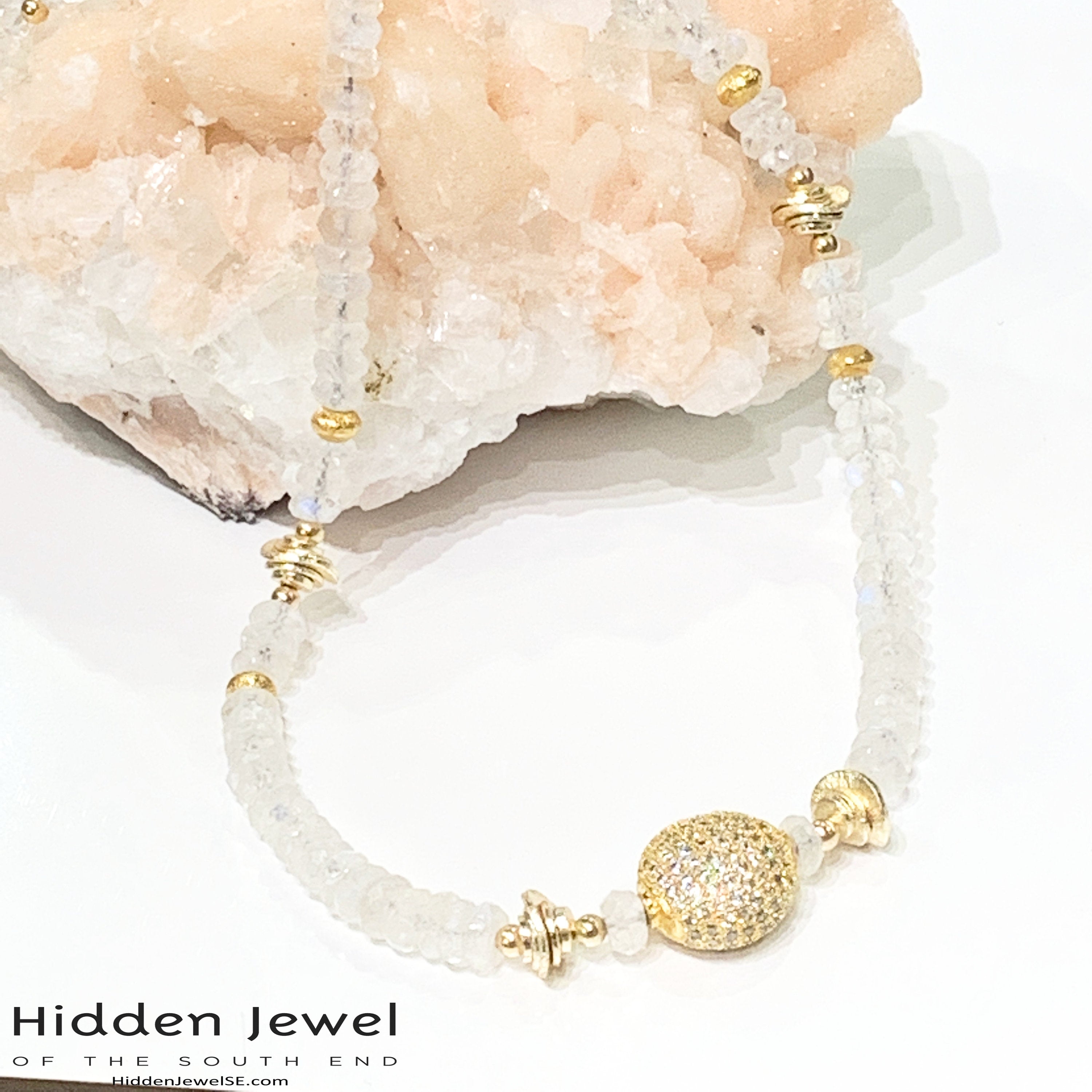 Rainbow Moonstone gemstone necklace, gold paved bead, gold filled beads