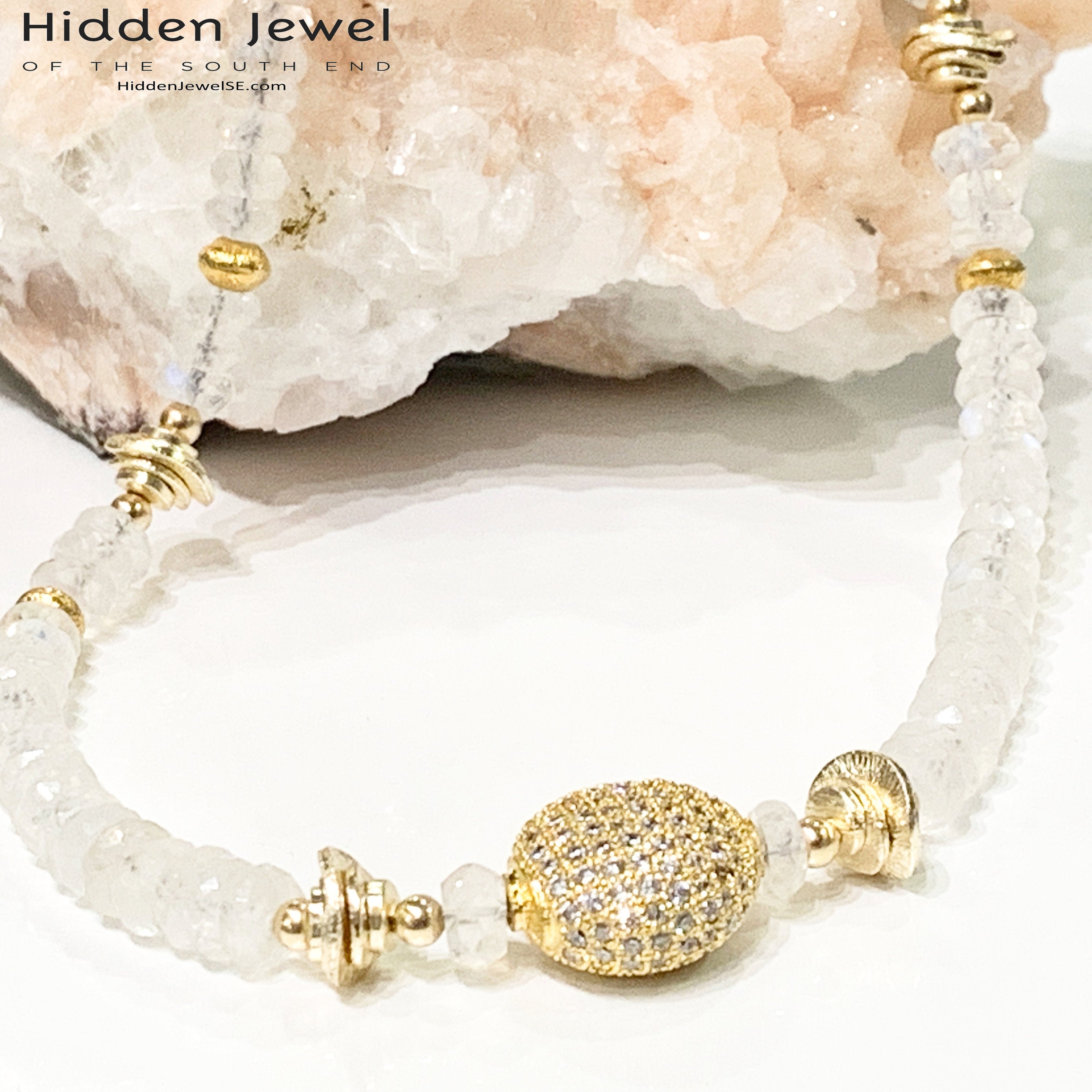 Rainbow Moonstone gemstone necklace, gold paved bead, gold filled beads