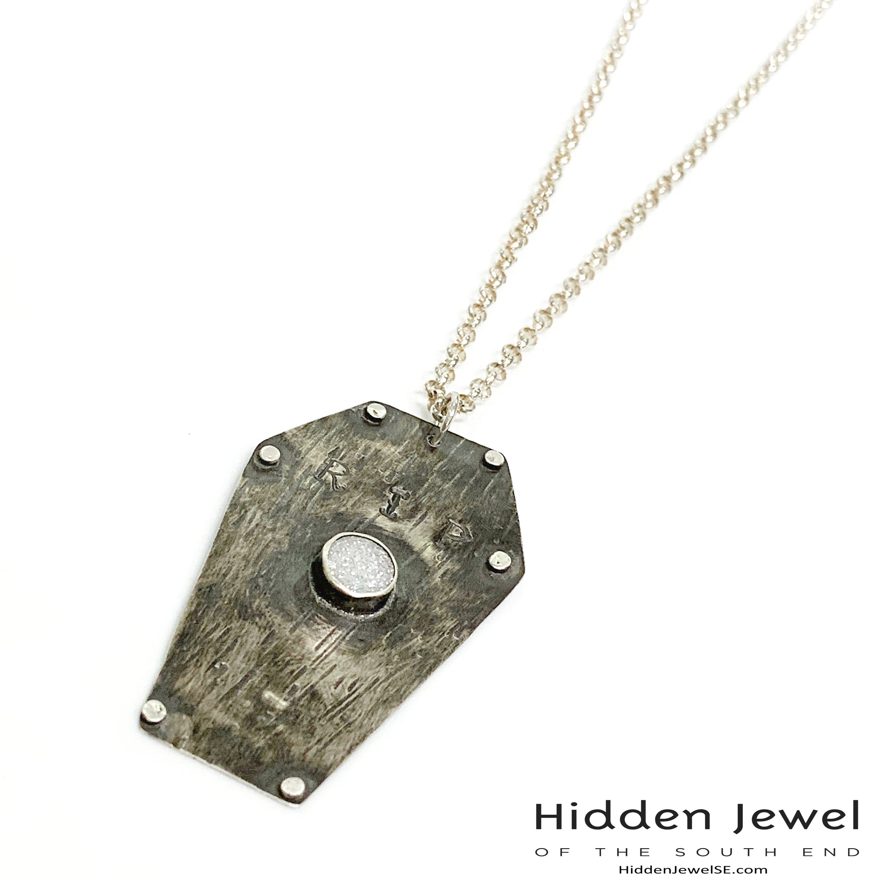 Sterling Silver Coffin pendant with white druzzy,  sterling chain