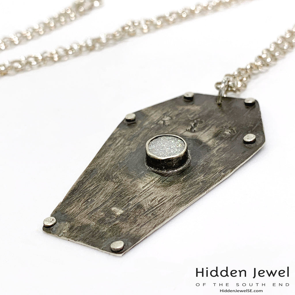 Sterling Silver Coffin pendant with white druzzy,  sterling chain