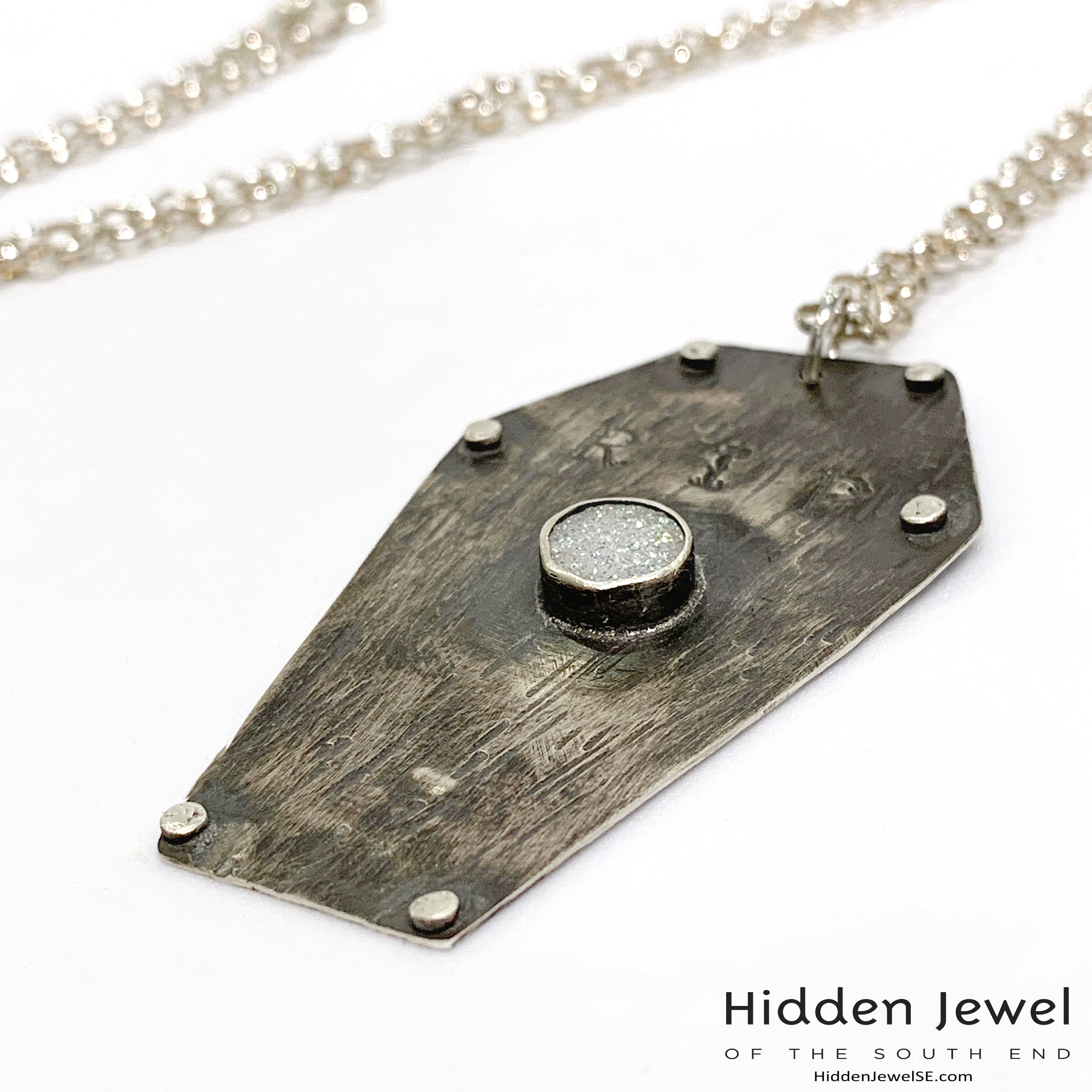 Sterling Silver Coffin pendant with white druzzy,  sterling chain
