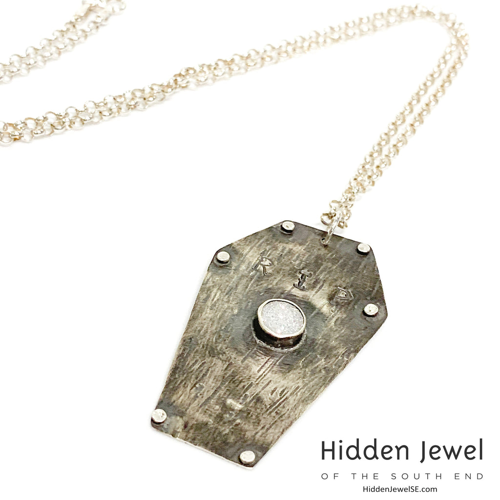 Sterling Silver Coffin pendant with white druzzy,  sterling chain