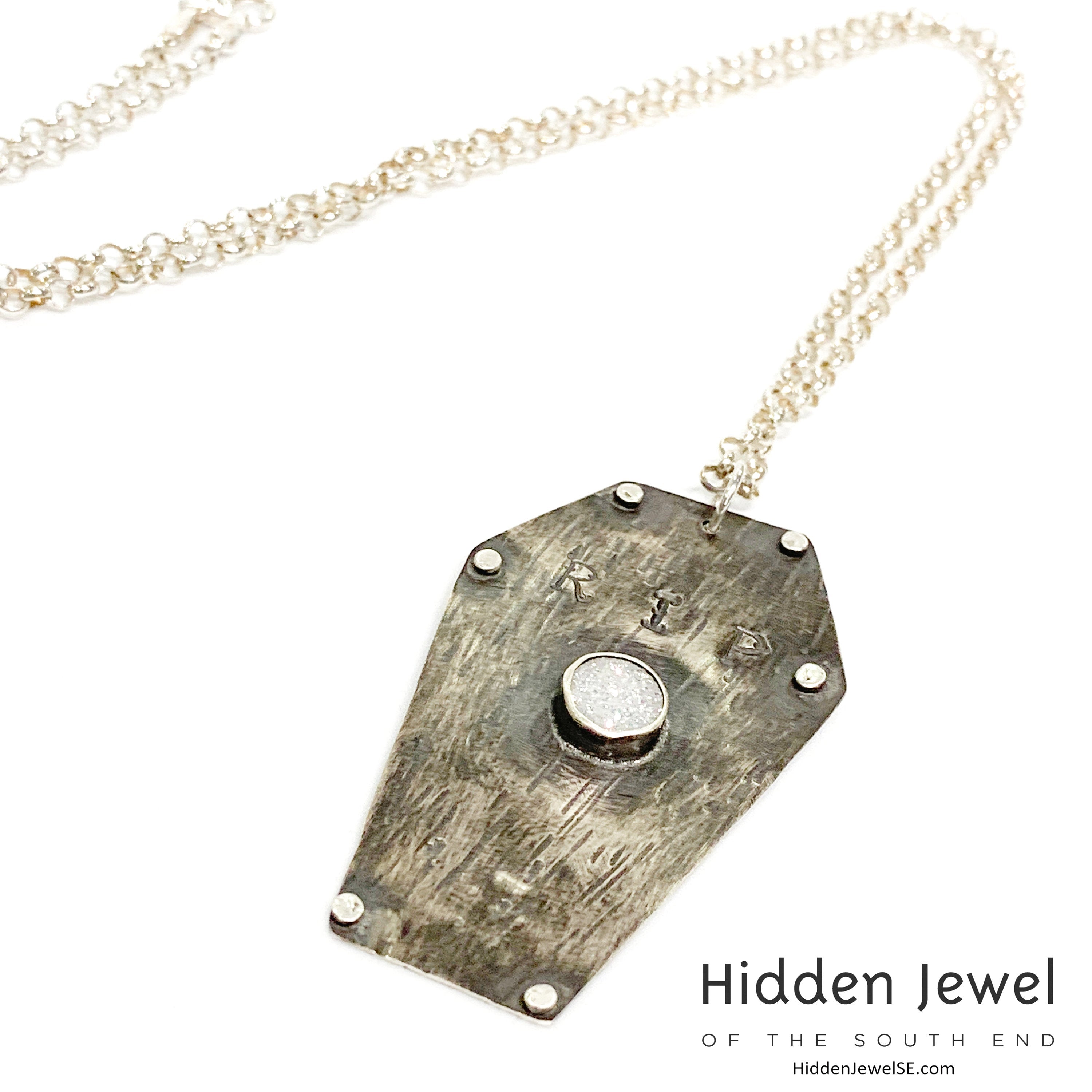 Sterling Silver Coffin pendant with white druzzy,  sterling chain