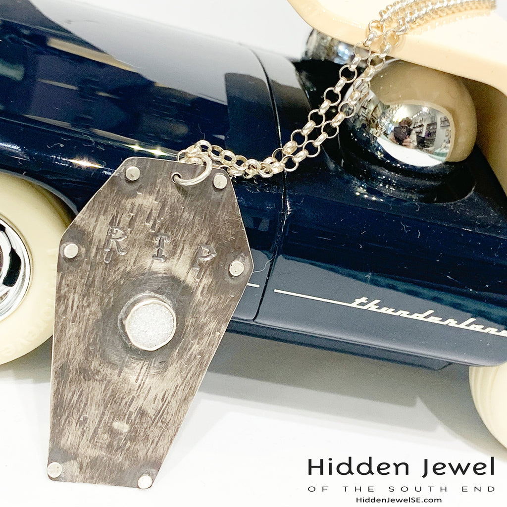 Sterling Silver Coffin pendant with white druzzy,  sterling chain