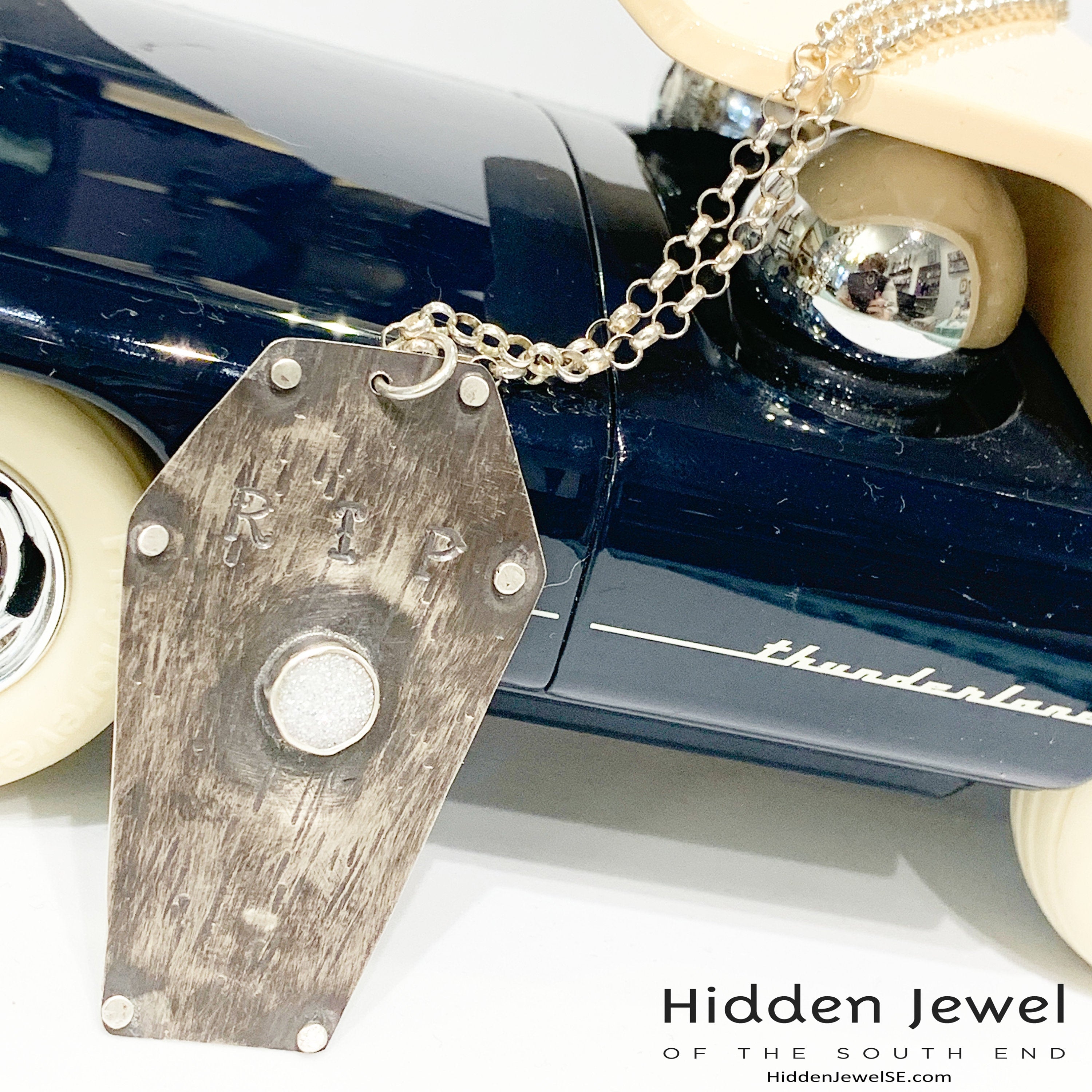 Sterling Silver Coffin pendant with white druzzy,  sterling chain