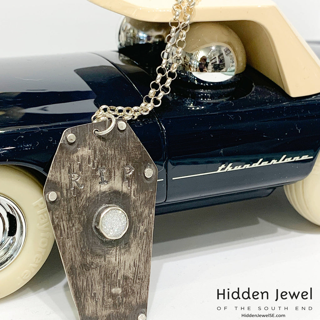 Sterling Silver Coffin pendant with white druzzy,  sterling chain
