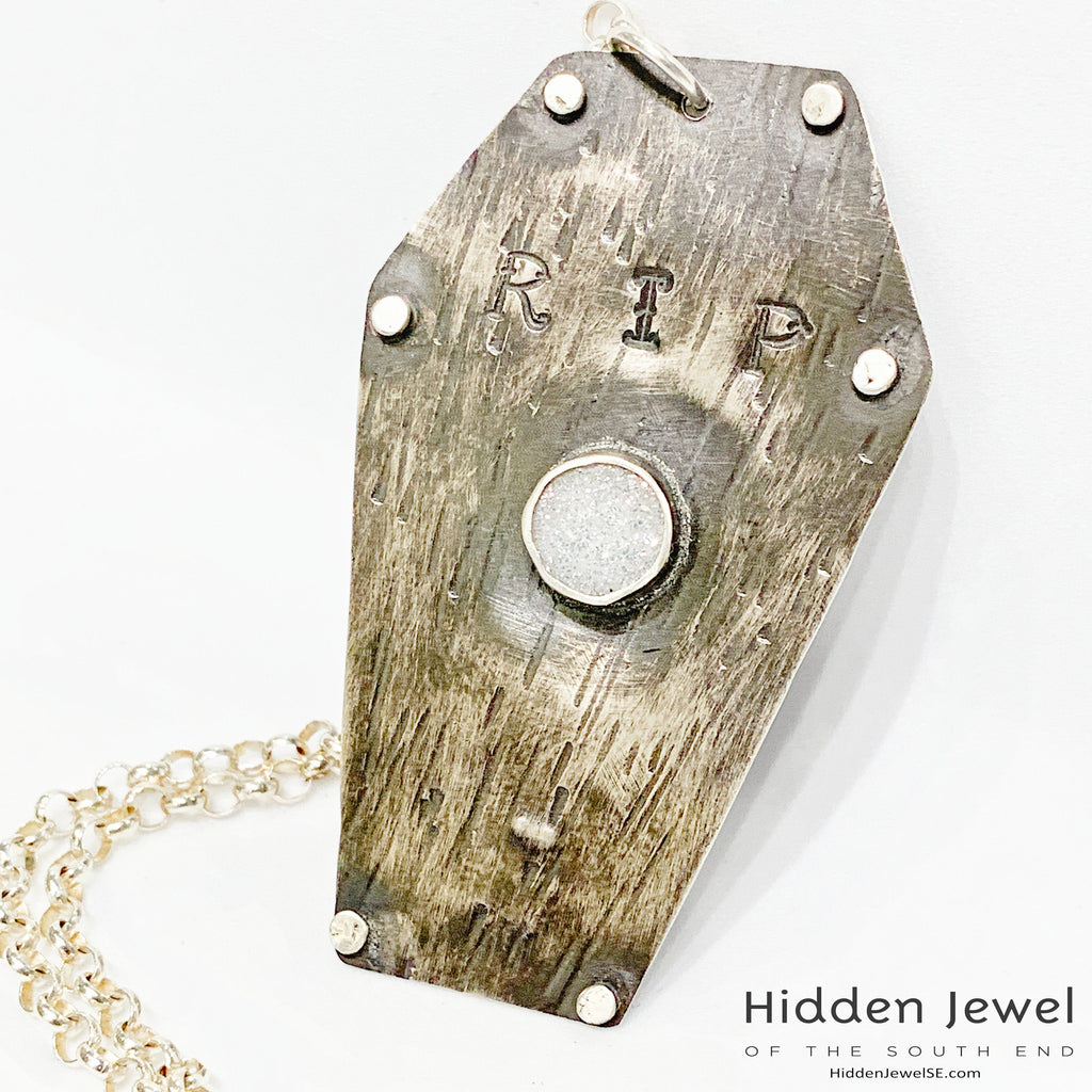 Sterling Silver Coffin pendant with white druzzy,  sterling chain
