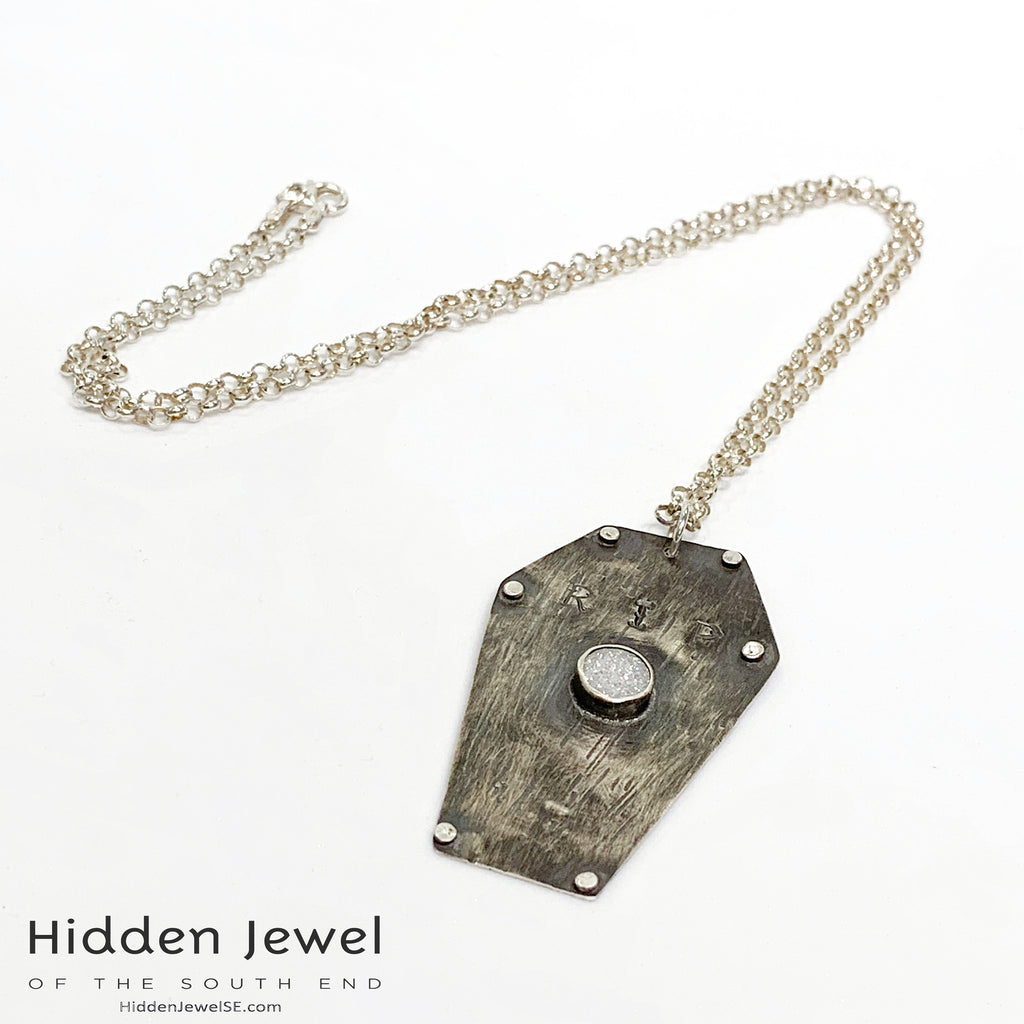 Sterling Silver Coffin pendant with white druzzy,  sterling chain