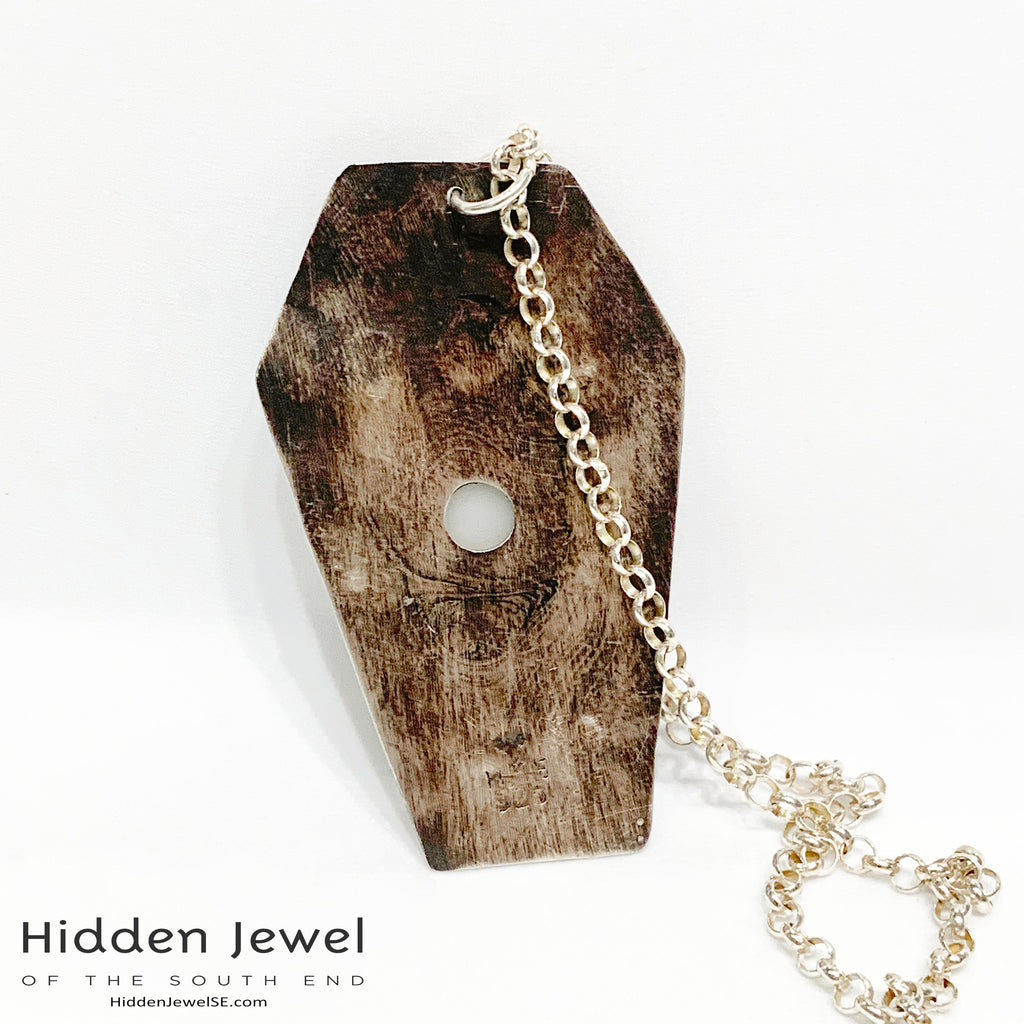 Sterling Silver Coffin pendant with white druzzy,  sterling chain