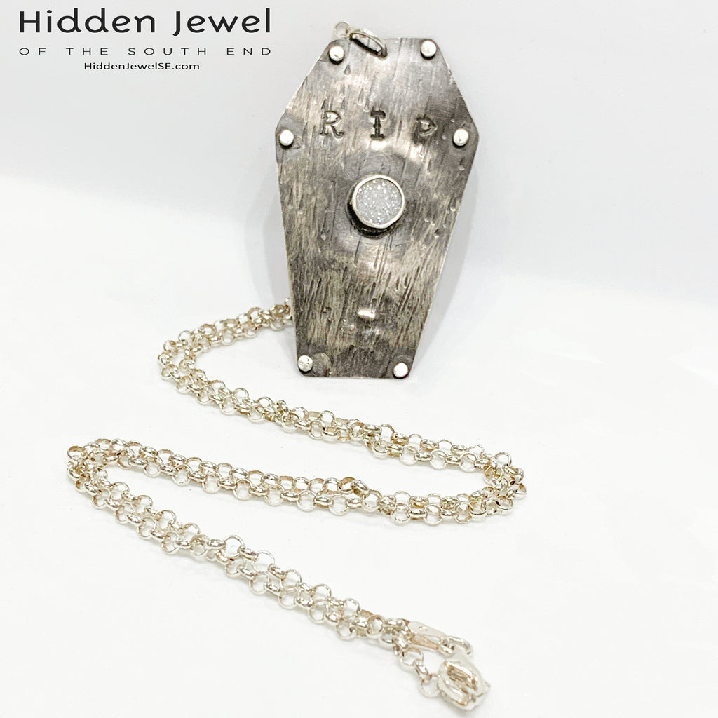 Sterling Silver Coffin pendant with white druzzy,  sterling chain