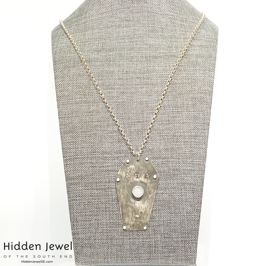 Sterling Silver Coffin pendant with white druzzy,  sterling chain