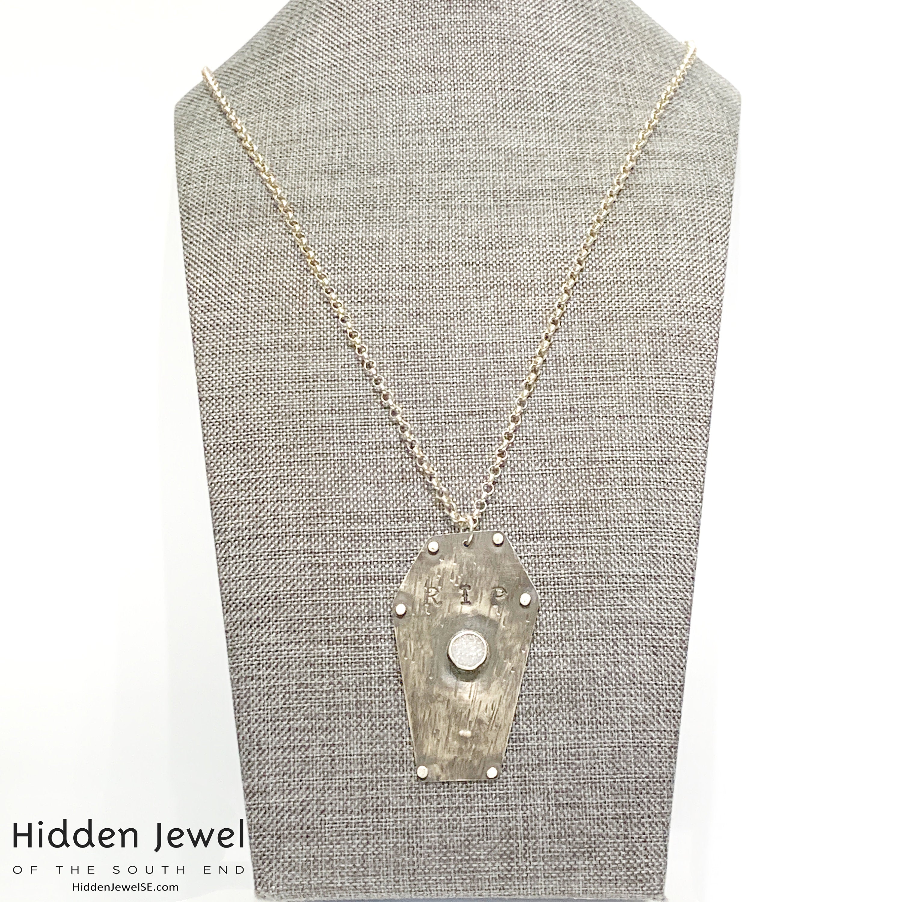 Sterling Silver Coffin pendant with white druzzy,  sterling chain