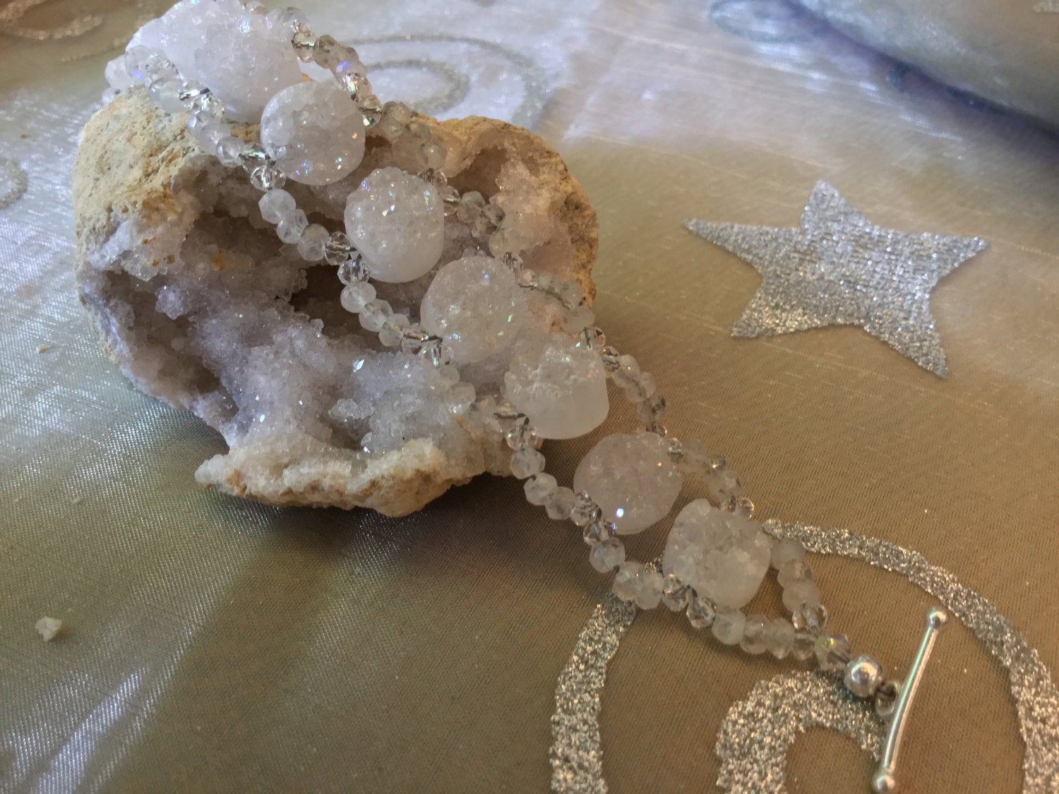 White Druzy & Moonstone Beaded Bracelet: Sterling Silver Clasp, Size 7