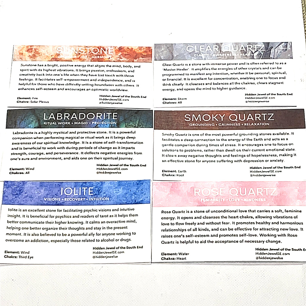 six more of the Gemstone information cards included with every order on a white background, front overview. 