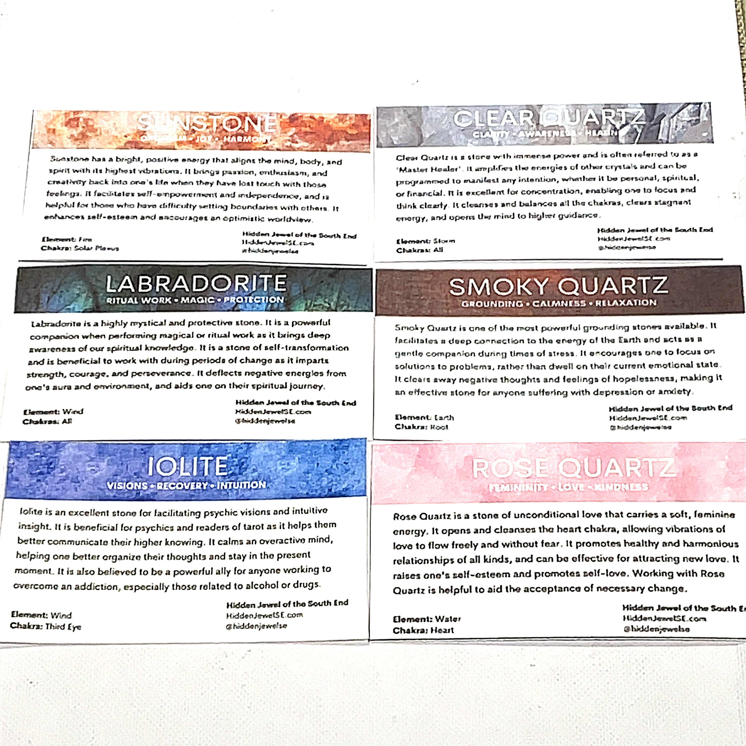 six more of the Gemstone information cards included with every order on a white background, front overview. 