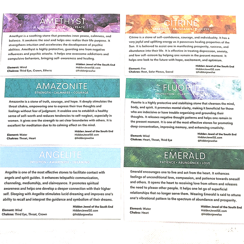 six of the Gemstone information cards included with every order on a white background, front overview. 