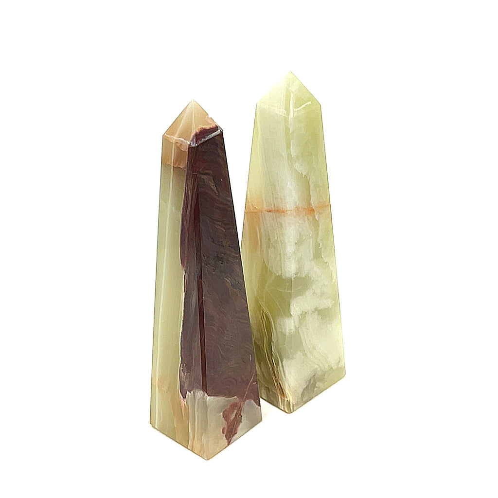 two ethically sourced Onyx towers from Hidden Jewel of the South End on a white background, front view.